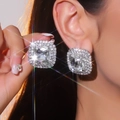 Luxury silver square crystal stud earrings for women with brilliant sparkling stones - White (BXE062PL-W)
