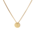 Gold round pendant necklace with letter T engraving on a stainless steel curb chain - Letter T (KN118658-K)