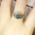 Silver halo engagement ring with floral leaf band and round brilliant cut center stone - 1-carat Butterfly Ring Ljz-175 / Adjustable Open