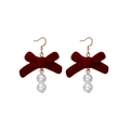Elegant red velvet bow earrings with white pearls and gold hooks for women - E4710-6 Double Pearl Pendant Bow Style