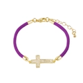 Detailed macro view of purple woven bracelet with gold-plated micro-paved cross pendant - Cross / Purple