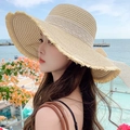Elegant beige straw sun hat with decorative lace trim and wide brim for beach vacations - Large Brim Ribbon Beige