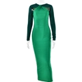 Detail van groene bodycon jurk met transparante mesh mouwen en glinsterende lovertjes patchwork - S / Groen