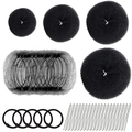 Hair styling tool set with donut bun makers, hair net, elastics, and U-shaped pins - 49-Piece Black Set / Black