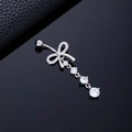 Silver bow belly button ring with three graduated cubic zirconia tassel dangles - Four Round Zircon Butterfly Silver