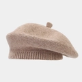 Detailed side view of beige knitted beret showing thick ribbed texture and wool material - M / Khaki