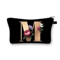 Black polyester dumpling makeup bag with gold letter M and colorful floral print - Letter M