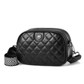 Black quilted crossbody camera bag with wide geometric strap and floral metal buckle - Black