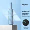 Sky blue automatic folding umbrella with reinforced 60-rib structure and UV protection - [60-rib Double-rib Design + Reinforced Wind Resistance] 12k Fully Automatic Rain Umbrella Sky Blue. / Gift Box Not Included