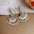 Orecchini vintage a ventaglio dorati con pietre champagne e nappine di perle - 50# Oro-Bianco-Orecchini a Gancio a Ventaglio con Nappe di Perle (925 Sterling Silver Earring Post)
