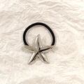 Silver star alloy charm hair tie with black high-elastic rubber band and metal finish - Silver Starfish 5cm