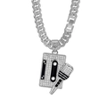 Detailed close-up of silver Cuban chain with diamond-set cassette and microphone pendant - Silver Pendant + 50CM Cuban Chain / 13mm