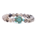 Elastic beaded bracelet with grey-white stone beads and a turquoise sea turtle charm - Dragon Vein Agate