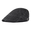 Adjustable black cotton beret cap with wavy embroidered stitching and metal buckle - Black