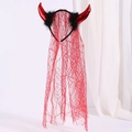 Red devil horns headband with long lace veil and black feathers for Halloween parties - Style 3 Red Devil Horns With Red Mesh Veil