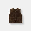 Gilet in pile di peluche marrone scuro per bambini con scollo a V e bottoni - Gilet in Peluche con Bottoni a Pressione / Marrone / 80cm