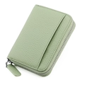 Detailed view of light green lychee grain leather card holder with secure zip closure - Light Green (KB29)