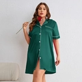 Short sleeve dark green satin nightshirt with white contrast piping and button-down front - 1XL / Dark Green