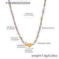 Detail view of natural stone necklace with stainless steel heart pendant and measurements - Heart Natural Stone Beaded Necklace
