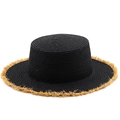 Black boater straw hat with khaki raffia fringe trim and spiral woven texture - M (56-58cm) / Black (JX-S484)