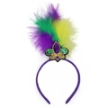 Mardi Gras Feder-Stirnband mit lila, grünen und gelben Pailletten und Lilien-Motiv - Dreifarbiges Feder-Fleur-de-lis-Stirnband