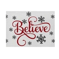 Christmas table mat featuring Believe lettering and snowflakes on beige linen fabric - CD27-17 (Red Believe)