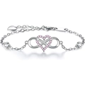 Pulsera S925 plata infinito corazón con circón rosa y delicada cadena de plata - Plata 925 / Platino Strass Rosa