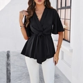 Haut noir élégant pour femmes avec col en V, manches mi-longues et taille nouée - S / Noir