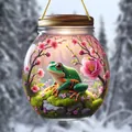 Acrylic suncatcher with green tree frog on mossy rock and pink cherry blossoms - Tree Frog Sakura-OPP Bag