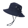 Detail of dark blue hiking bucket hat with metal eyelets and adjustable windproof rope - One Size / Double Buckle Navy Blue