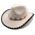 Detail of cream western wool fedora featuring hand-stitched edging and bohemian beaded band - M (56-58cm) / Beige