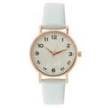 Minimalist women's quartz watch with light blue leather strap and rose gold metal case - White