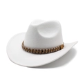 Close-up of white wool felt cowboy hat with braided beaded band and wooden beads detail - M (56-58cm) / White