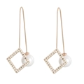 Elegant gold long hook earrings featuring square crystal frames and white pearls - Clover Square Style (KE83377-K)