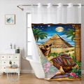 Polyester waffle shower curtain with Egyptian pyramids and camels printed pattern - Egypt Pyramids / 181x188cm