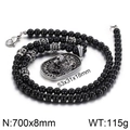 Mens vintage black beaded necklace with carved lion head oval pendant in silver finish - Steel