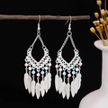 Bohemian silver long fringe earrings with colored beads and metal feather charms - E5777-16 Hollow Feather