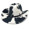 Detail of cow print cowboy hat featuring sunflower rivets and turquoise accents - M (56-58cm) / Straight Top / Black White Cow Print