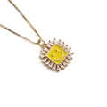 Gold box chain necklace featuring a square zircon pendant with a yellow smiley face - Yellow
