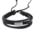 Bracelet multicouche en cuir tressé noir pour homme avec détails en coton blanc sur blanc - Cuir Noir Fil Blanc