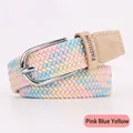 Braided elastic belt for jeans in pink blue yellow tri-color with metal buckle - Pink Blue Beige Mixed