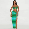 Ensemble de plage 2 pièces avec haut bikini dégradé bleu-vert et jupe en maille fendue - Vert