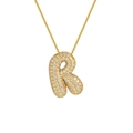 Macro detail of 18K gold plated letter R pendant with cubic zirconia micro-pave setting - Letter R / Gold