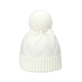 Witte gebreide muts met visgraatmotief, grote imitatiebont pompon en brede geribde zoom - M (56-58cm) / Wit