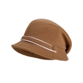 Brown knit cloche hat with white stripe and fabric button detail for winter - Khaki (8974-Khaki)