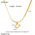Detail view of 18K gold plated snake chain with letter U pendant and size dimensions - Style U (DFN148U)
