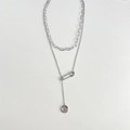 Double layer silver stainless steel necklace with safety pin and round luck pendant - Silver