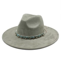 Detail of dark fedora hat with turquoise beads and leather cord ethnic band - Army Green Suede