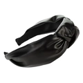 Classic black PU leather knotted headband with wide rim and fine texture design - Black