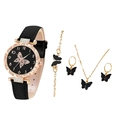 5pcs set women's fashion watch and jewelry with gold butterfly pattern and black strap - Black Set 1 (Orange Box)